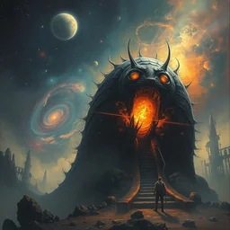 a huge cosmic catterpillar devouring the universe. dreadful, art by greg rutkowski