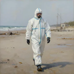 a man in a hazmat walking on an abandoned beach, oil painting