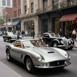 vintage photo of batman driving a ferrari 1 6 6 mm zagato panoramica, cadillac series 6 2, talbot - lago t 2 6 grand sport car, styled concept batmoblie, by norman bel geddes, on the streets of gotham, art deco