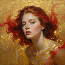 abstract oil matte portrait painting, woman infused and swimming in a golden liquid partially covered, red infusing, detailed face, wonderful masterpiece highly detailed, beautiful cinematic light deep focus, elegant, smooth, sharp focus, golden ratio, dramatic illumination, ultra realistic, 8 k, art by kristina alisauskaite and caravaggio