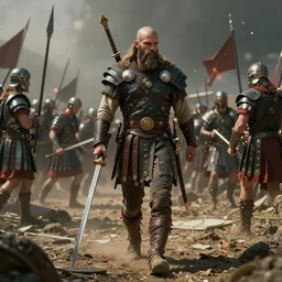 Futuristic matte painting of a viking warrior walking through a Roman warfare, volumetric light scattering, highly detailed, digital art, Andreas Rocha, Greg Rutkowski, Darek Zabrocki, ArtStation, CGSociety, Unreal Engine, 4K, 8K
