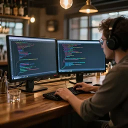 photo of a software developer debugging code at a bar