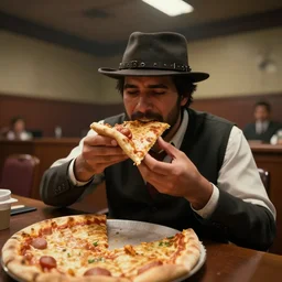 gopro footage of a hotdog man eating a slice of pizza in a court room, iso 2 0 0, depth of field, cinematic, volumetric lighting, by red dead redemption 2