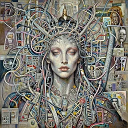 cinematic masterpiece bust portrait of a gothic degenerate cyberpunk trader demon goddess, head and bust only, crown of wires and thorns and networks, by Wayne Barlowe, by Leonardo DaVinci, by Tim Hildebrandt, by Bruce Pennington, by Zdzisław Beksiński, by Paul Lehr, oil on canvas, masterpiece, trending on artstation, featured on pixiv, cinematic composition, astrophotography, dramatic pose, beautiful lighting, sharp, details, details, details, hyper-detailed, no frames, HD, HDR, 4K, 8K