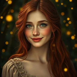 portrait of happy a young woman, among the lights of golden fireflies and nature, long loose red hair, intricate details, birght green eyes, freckles on the nose, round gentle face, romantic dress, deep focus, smooth, sharp, golden ratio, hyper realistic digital art by artemisia lomi gentileschi and caravaggio and artgerm