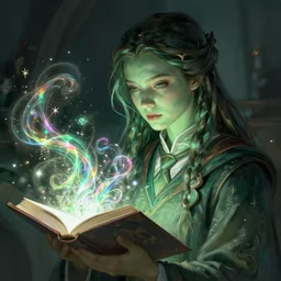 character concept portrait of an attractive young focused Spanish wizard with pale green skin enchanting a growing  spell, a floating iridescent spell book in the center, intricate, elegant, digital painting, concept art, smooth, sharp focus, illustration, from Metal Gear, by Ruan Jia and Mandy Jurgens and William-Adolphe Bouguereau, Artgerm