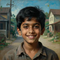a beautiful cinematic masterpiece headshot portrait of a happy stoner indian boy in 2 1 st century suburban indian town, tripping, centered, head only, by coby whitmore, by valentin de boulogne, by greg rutkowski, oil on canvas, ornate, tenebrist style, brilliant cold lighting, detailed, no frames, 8 k