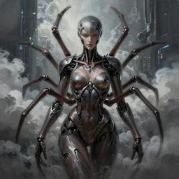 ultra realist and ultra intricate detailed soft painting of an beautiful armored arachne biomechanical body,  symmetry features, sensual gloomy style, volumetric clouds,  cyberpunk background, artstation,  unreal render, depth of field