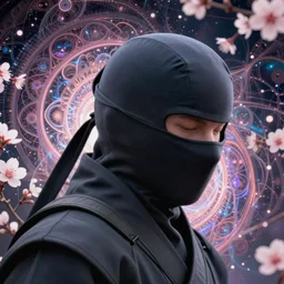 a headshot of a ninja wearing a cowl!!!!, offset in the frame, background of fractals and mandalas and cherry blossoms and hadron collider technology and metal gears and swirling bioluminescent energy, art by peter mohrbacher and dan mumford, 8 k octane render, hyperrealistic, zbrush, cinema 4 d