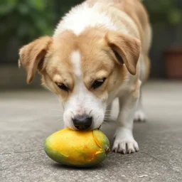 a photo of a dog eating a mango