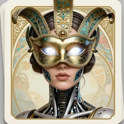 A portrait of a beautiful female cyborg wearing an intricate venetian mask by wlop, exposed inner structure, brightly glowing white eyes, art nouveau card, trending on artstation