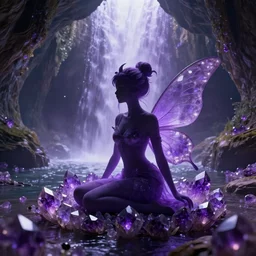 a cinematic render of a silhouette of a purple styled fairy surrounded by amethysts, sitting in a mystical waterfall cave, lilac sunrays, matte painting, highly detailed, 8 k