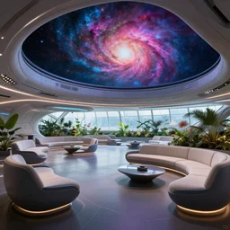 ultra modern concept design of a vast spaceship interior, futuristic chairs and sofas can be seen in the foreground, a large colorful nebula can be seen from a window, large plants in the background, in the style of Guardians of the Galaxy and Liam Wong, wide angle shot