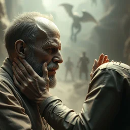 professional fantasy art of vince gilligan creating walter white from clay and dust, professional art, horror art, matte painting, zdislaw beksinski, volumetric lighting, unreal engine 5, very detailed art