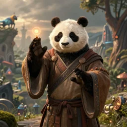 a portrait an anthropomorphic panda shaman casting a spell, wearing mage robes, landscape in background, dnd character art portrait, world of warcraft style, by peter mohrbacher, cinematic lighting