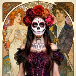 cute punk Día de los Muertos girl by Alphonse Mucha Egon Schiele Ayami Kojima Amano Charlie Bowater, photography by Mario Testino, masterpiece