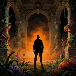 a silhouette of an explorer in a baroque neoclassicist halls overgrown with colorful alien swamplife. close - up view, detailed textures. glowing orange fog, dark black background. highly detailed fantasy science fiction painting by moebius, norman rockwell, frank frazetta, and syd mead. rich colors, high contrast