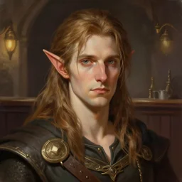 portrait of a male half elf bard with mid - length sandy brown hair and pale skin, detailed painting, fantasy style, digital painting, fantasy tavern as the background