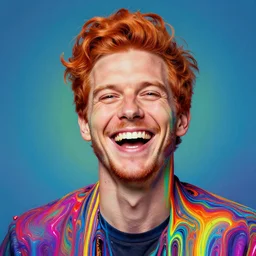a portrait of a laughing man with ginger hair, by ross tran, psychedelic, rainbow, melting
