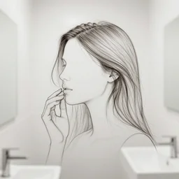 a gesture draw of a woman. lines made of hair. made of human hair, hair used as lines, white bathroom
