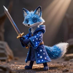 a stop motion starry blue fox druid wearing magic imbued mage robes with led lights stitched on the fabric to resemble stars, holding a demonic scimitar, cinematic, cotton fabric, button eyes, seams, cinematic, dust particles, god rays, led lights, dungeons and dragons, fantasy art, real life, photograph, national geographic, dynamic camera angle, macro camera shot