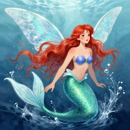 a mermaid fairy with red hair and wings made of water, detailed fantasy illustration