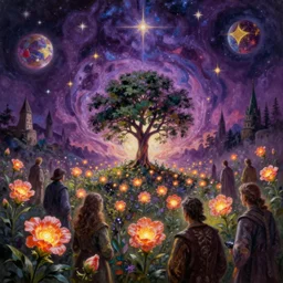 a hype realistic surreal painting of sorcery that opens up a dimension to another twilight zone dimension, glowing flowers blooming, lone tree centralized, magic the gathering, dishonored 2, painted by highly detailed by peter mohrbacher, wayne barlowe, boris vallejo, paolo eleuteri serpieri, greg rutkowski, masterpiece, 4 k, 8 k, beautiful lighting, epic