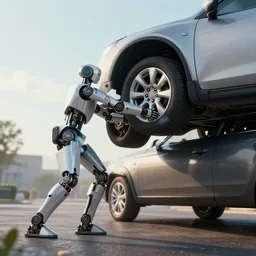 humanoid robot lifting a car, cinematic, wide angle camera, hyper realistic, photorealistic, ultra real,
