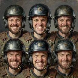 portrait of angry smiling men in helmet, tim hildebrandt, wayne barlowe, bruce pennington, donato giancola, larry elmore, oil on canvas, masterpiece, trending on artstation, featured on pixiv, cinematic composition, dramatic pose, beautiful lighting, sharp, details, hyper - detailed, hd, hdr, 4 k, 8 k