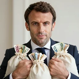 close up portrait of emmanuel macron holding bags of money, photograph, natural light, sharp, detailed face, magazine, press, photo, steve mccurry, david lazar, canon, nikon, focus