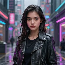 stylish woman cartoon portrait made out of rain, leather jacket, cyberpunk background, rendered in octane, unreal engine, highly detailed, trending on artstation, realistic, neon, beautiful