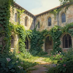 courtyard overgrown with ivy and blooms, morning light, romanesque architecture, chiaroscuro, ambient, detailed, fantastical matte painting, gouache