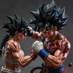 fistfight, bloody, brutal, warrior girl, muscular girl, wild spiky black saiyan hair, long spiky hair, electrified hair, fistfighting, ultra realistic, intricate details, highly detailed, subsurface scattering, photorealistic, octane render, 8 k, art by artgerm, greg rutkowski, magali villeneuve, alphonse mucha