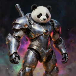 a panda mecha, reflective detailed textures. glowing colorful fog, dark background. highly detailed fantasy science fiction painting by moebius, norman rockwell, frank frazetta, and syd mead. rich colors, high contrast. trending on artstation