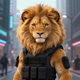 beautiful furry art portrait commission of a female furry anthro lioness fursona wearing a tactical vest in the streets of a cyberpunk city at night in the snow. neon light. character design by charlie bowater, ross tran, artgerm, and makoto shinkai, detailed, inked, western comic book art