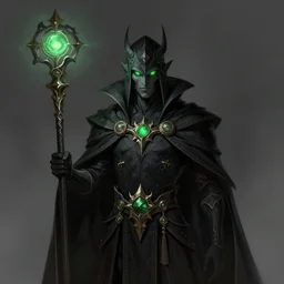 illustration of a dark magician wielding an oversized magical staff with green eyes, intricate, elegant, highly detailed, centered, digital painting, artstation, concept art, smooth, sharp focus
