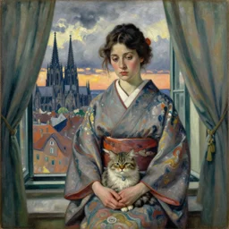 portrait of sad woman in kimono and persian cat with city with gothic cathedral seen from a window frame with curtains. cloudy sunset. mikalojus konstantinas ciurlionis, henri de toulouse - lautrec, paul delvaux, utamaro, matisse, monet