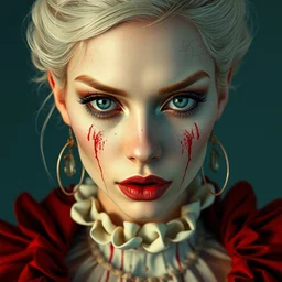 a hyperrealistic fashion portrait of an albino model dressed like a drag queen, eyes with cool expression, beautiful symmetrical face, award winning painting, brush splashes of blood, artwork by chiara bautista and beksinski and norman rockwell and greg rutkowski, tom bagshaw weta studio, and lucasfilm