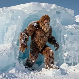 old grainy photo from the early 1900s of a frozen Bigfoot entrapped in a huge block of ice