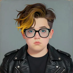a representative chubby young goth boy asymmetrical ombre hair wearing oversized euro glasses and a leather jacket. anaglyph lighting, detailed character design, melancholic flat vector geometric minimalism by oskar schlemmer, moebius, nagel, john berkey, oil on canvas, portrait facial head, featured on artstation, hd wallpaper, anime art nouveau