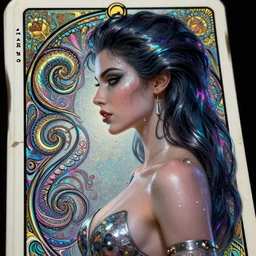 altered carbon, Maya Ali cyber sorceress, pinup, side view, tarot card, sweat drops, fibonacci, fractals, insane, prismatic, intricate, highly detailed, digital painting, artstation, concept art, smooth, sharp focus, illustration, Unreal Engine 5, 8K, art by artgerm and greg rutkowski and alphonse mucha