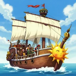 a fantasy ship of pirates with a sun as the bow, anime style