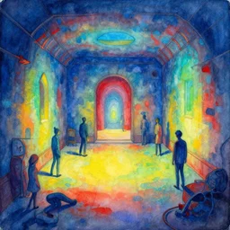 mystic POINT PERSPECTIVE DUNGEON grounds ROOM, painted by Edward Gorey and Moebius and Greg Rutkowski and Paul Wenzel and George Barr and Stephen Youll,trending on artstation, iridescent cool blue and cyan and red and blue and yellow and green lighting front view futuresynth , outrun , vibrant colors, Sabattier filter , Watercolor