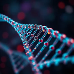 a microscopic graphic of a dna with 0 s and 1 s to depict computer program in a cyberpunk style