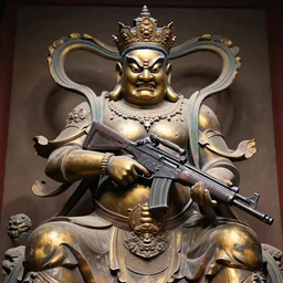 the king of ninth hell armed with a pulse rifle, enormous neo-buddhist statue of an angry Deva, id engine 4, angry scowling bronze face