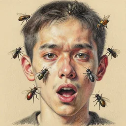 a pastel drawing of horrific depiction of insects coming out of the ears, nose, eyes, mouth of a person.