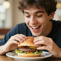 a very excited young man with an open mouth smile, drooling over a hamburger on a plate