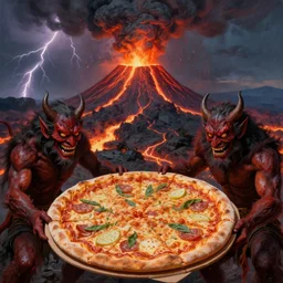masked demons grabbing a large pizza!!!, in the background is a volcano spewing lava and black smoke, streams of glowing hot lava, flashes of lightning in the distance. wide angle, long shot, an ultrafine detailed painting by vinent van goch, deviantart, pop surrealism