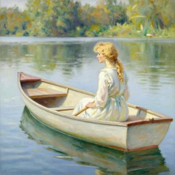 A painting of a blonde girl sitting in a boat floating on a beautiful lake by thomas kinkade