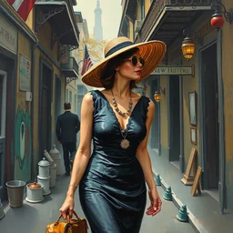 intricate, detailed oil painting of a female socialite wandering the streets of new orleans.